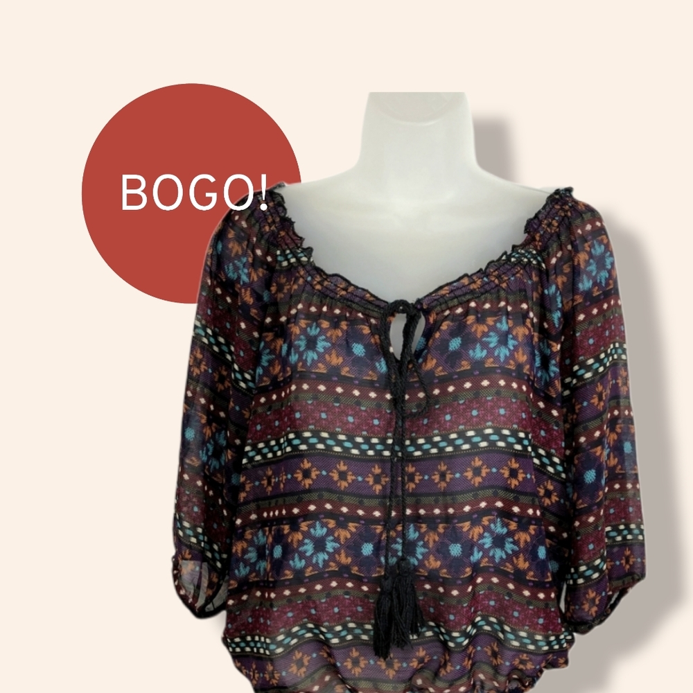 OLSENBOYE Top Boho Peasant Sheer Tribal Tie Neck